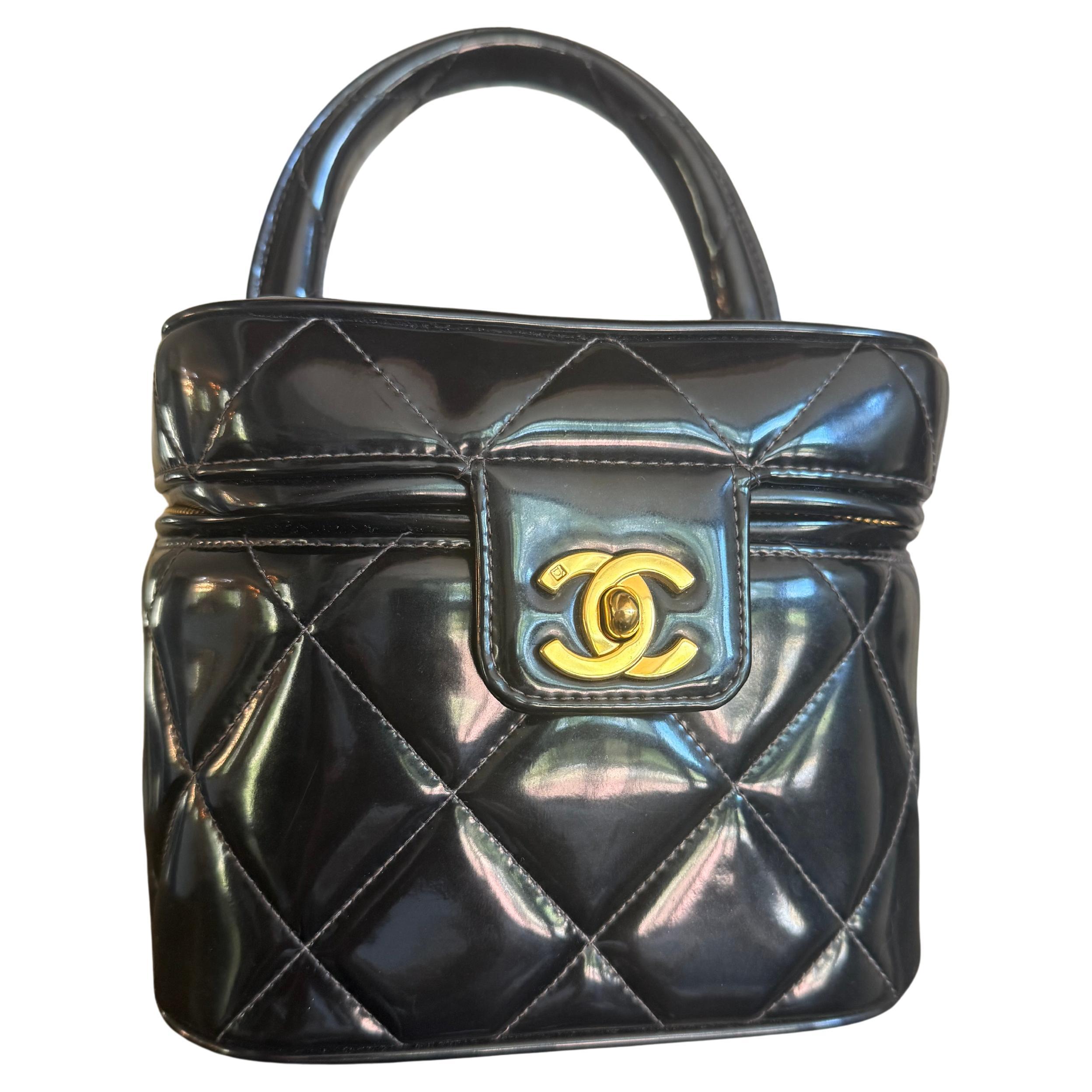 Vintage Chanel Barbie Collection 95P Vanity Heart Mirror Bag Black Patent GHW For Sale