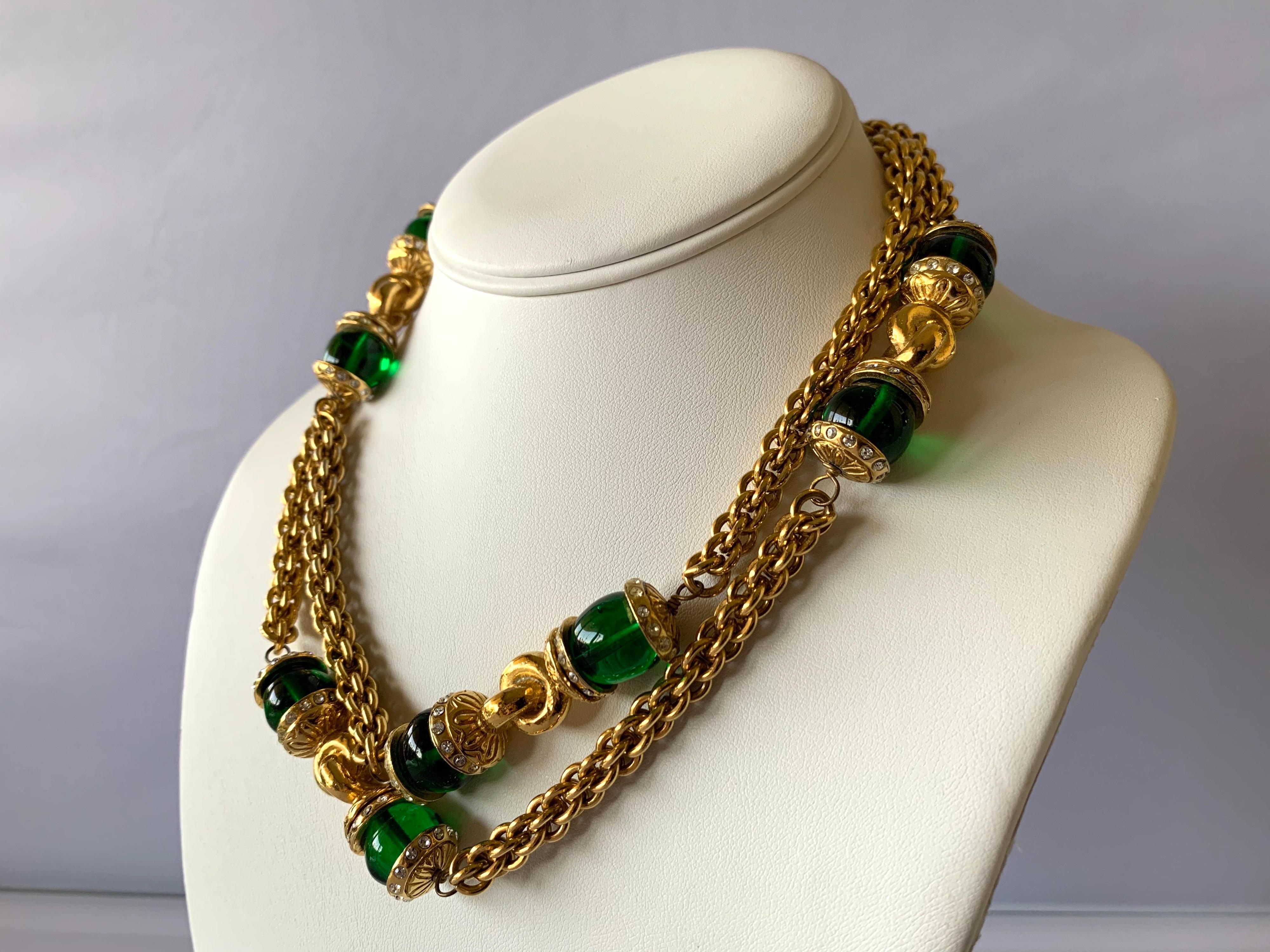 Women's Vintage Chanel Baroque Gilt Emerald and Strass Diamante Statement Necklace 