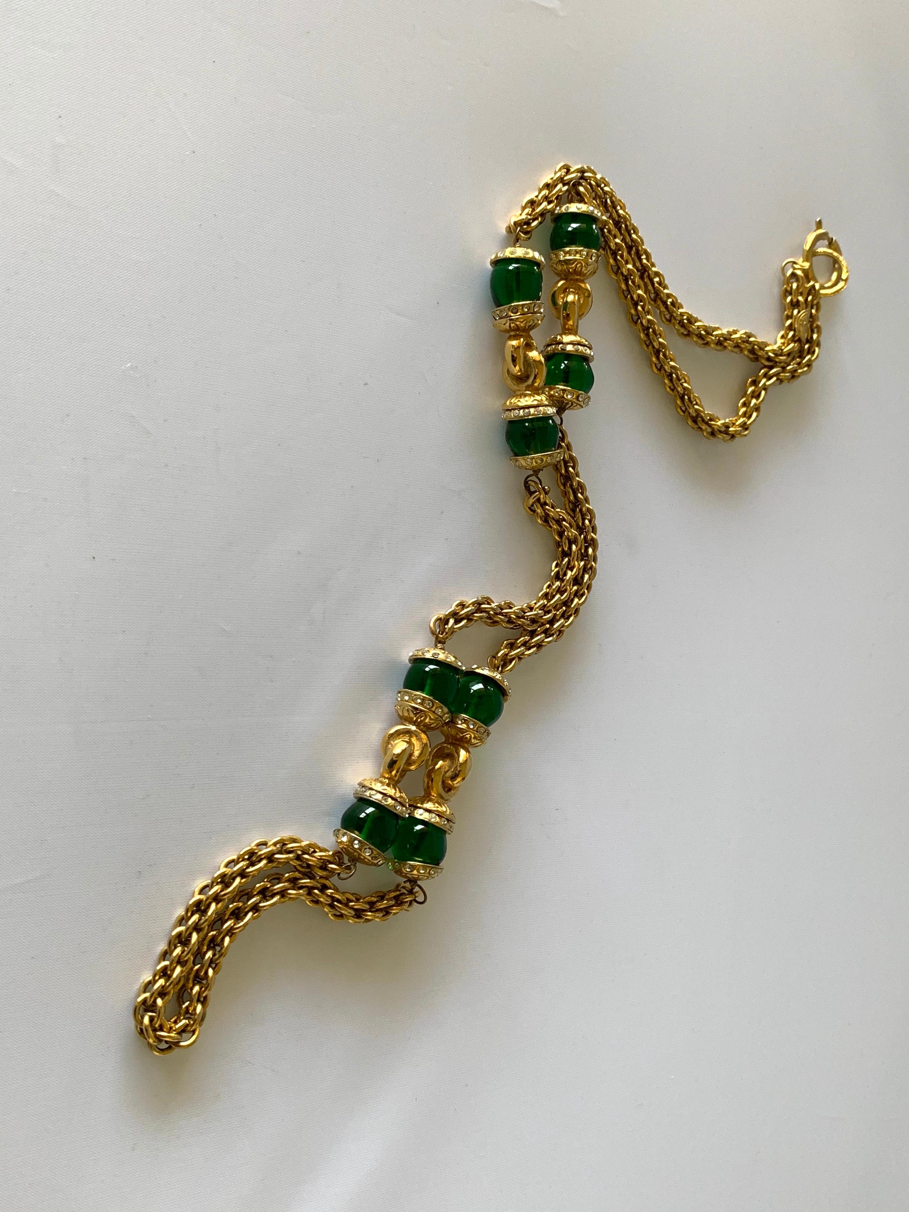 Vintage Chanel Baroque Gilt Emerald and Strass Diamante Statement Necklace  2