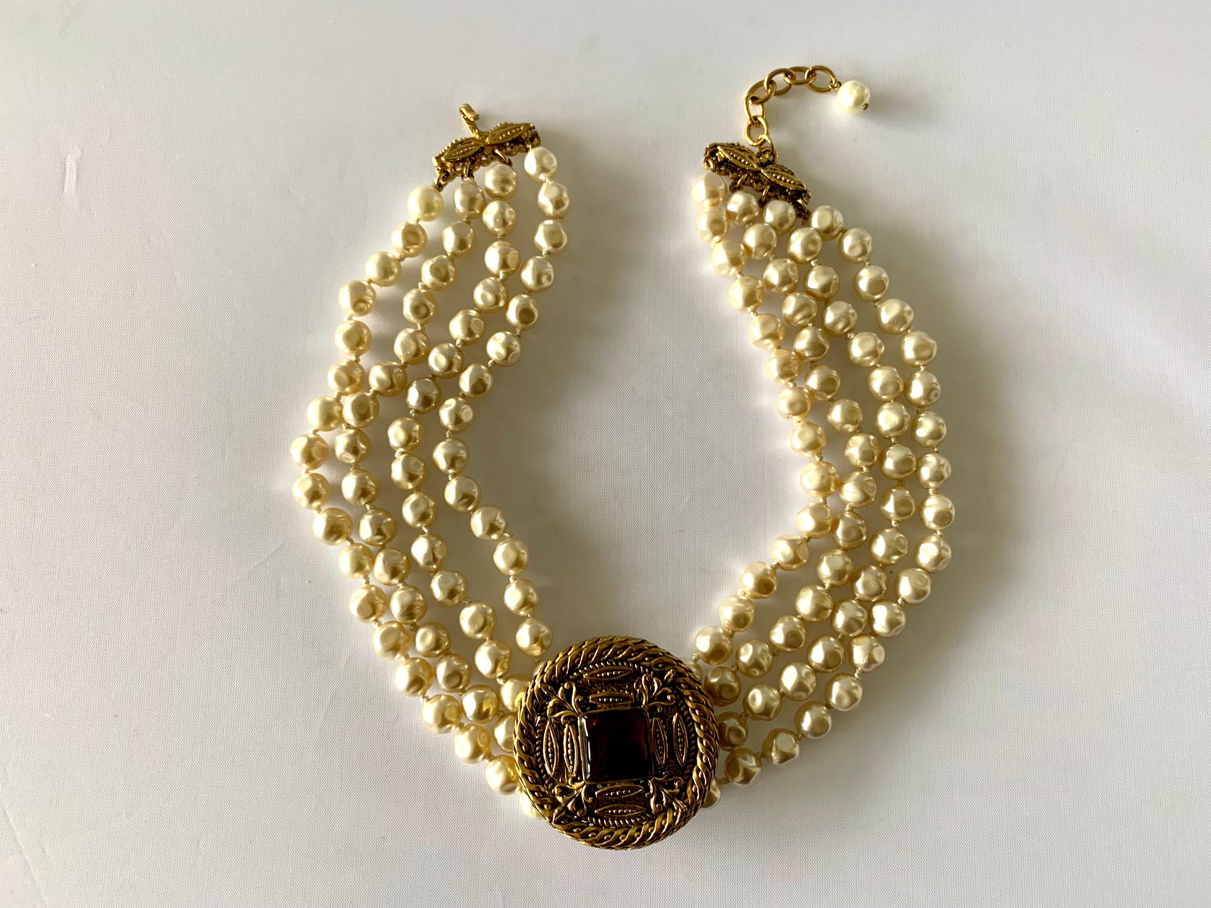 Byzantine Vintage Chanel Baroque Pearl Medallion Necklace  For Sale