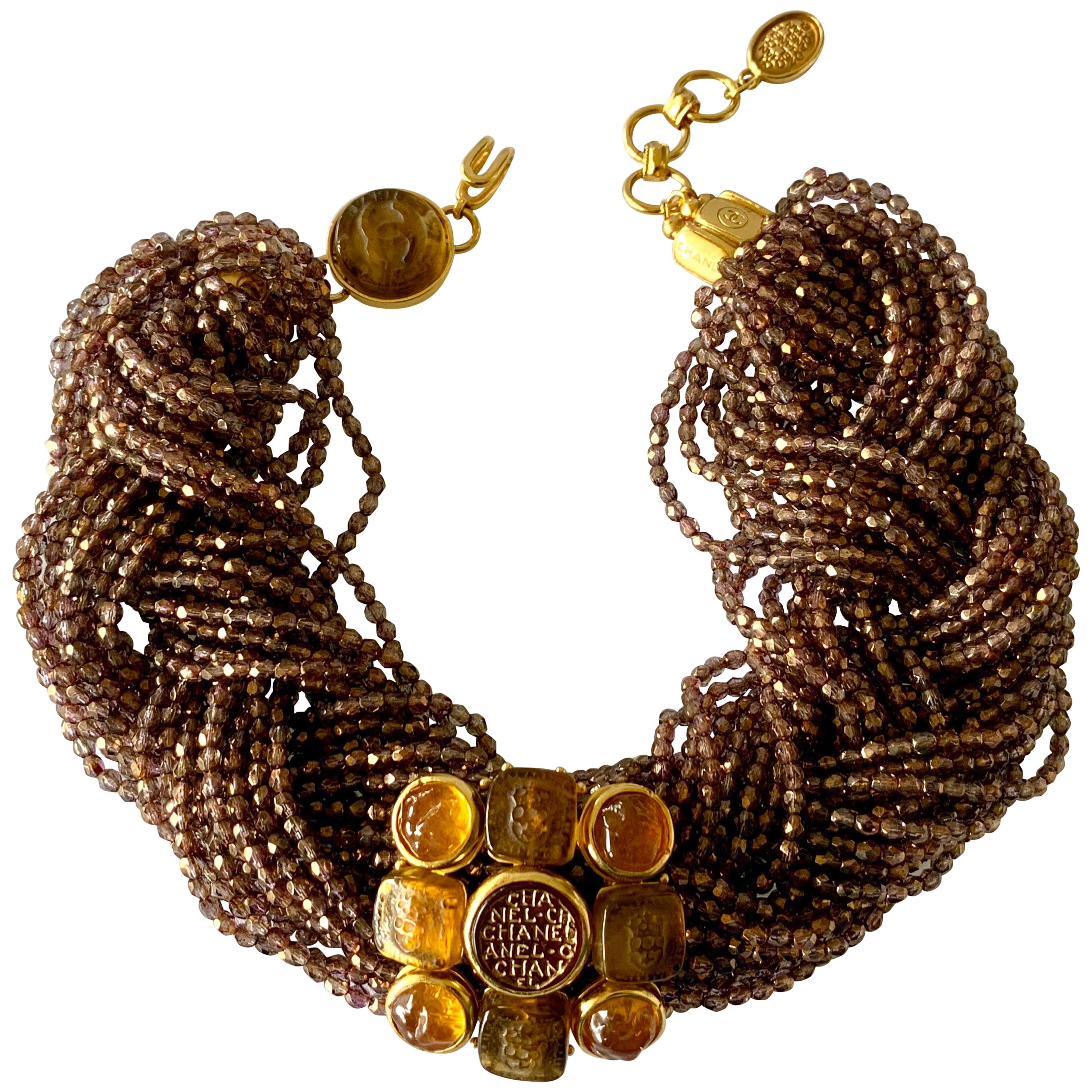 Vintage Chanel Beaded Multi Strand Gold Intaglio Statement Necklace 