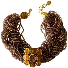 Vintage Chanel Beaded Multi Strand Gold Intaglio Statement Necklace
