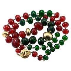 Vintage Chanel Beaded Necklace Red & Green Poured Glass Goossens 1970s 