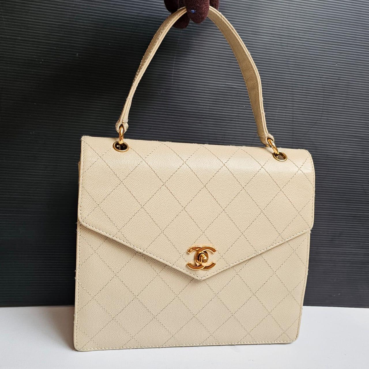 Vintage Chanel Beige Caviar Quilted Top Handle Bag For Sale 8