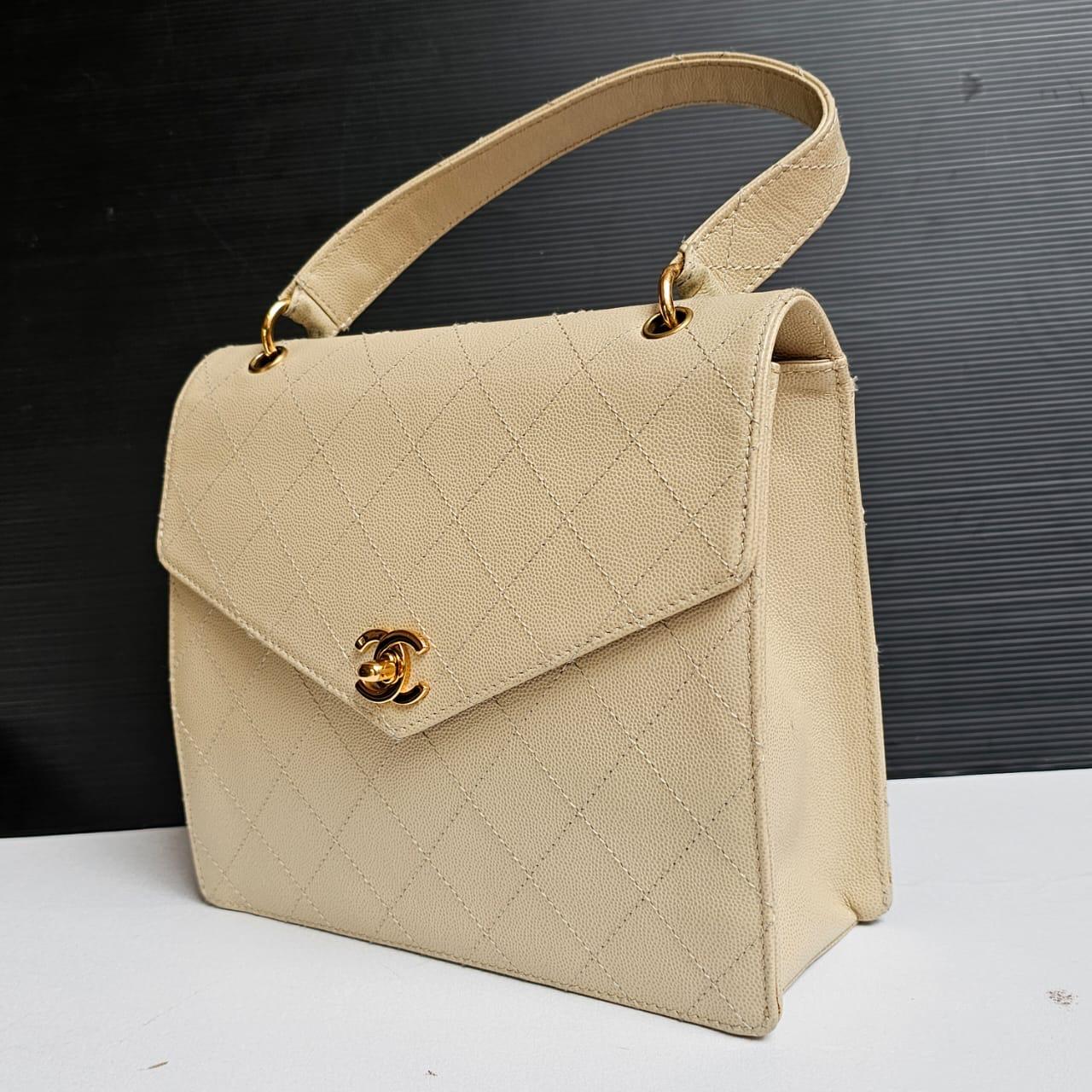 Vintage Chanel Beige Caviar Quilted Top Handle Bag For Sale 9