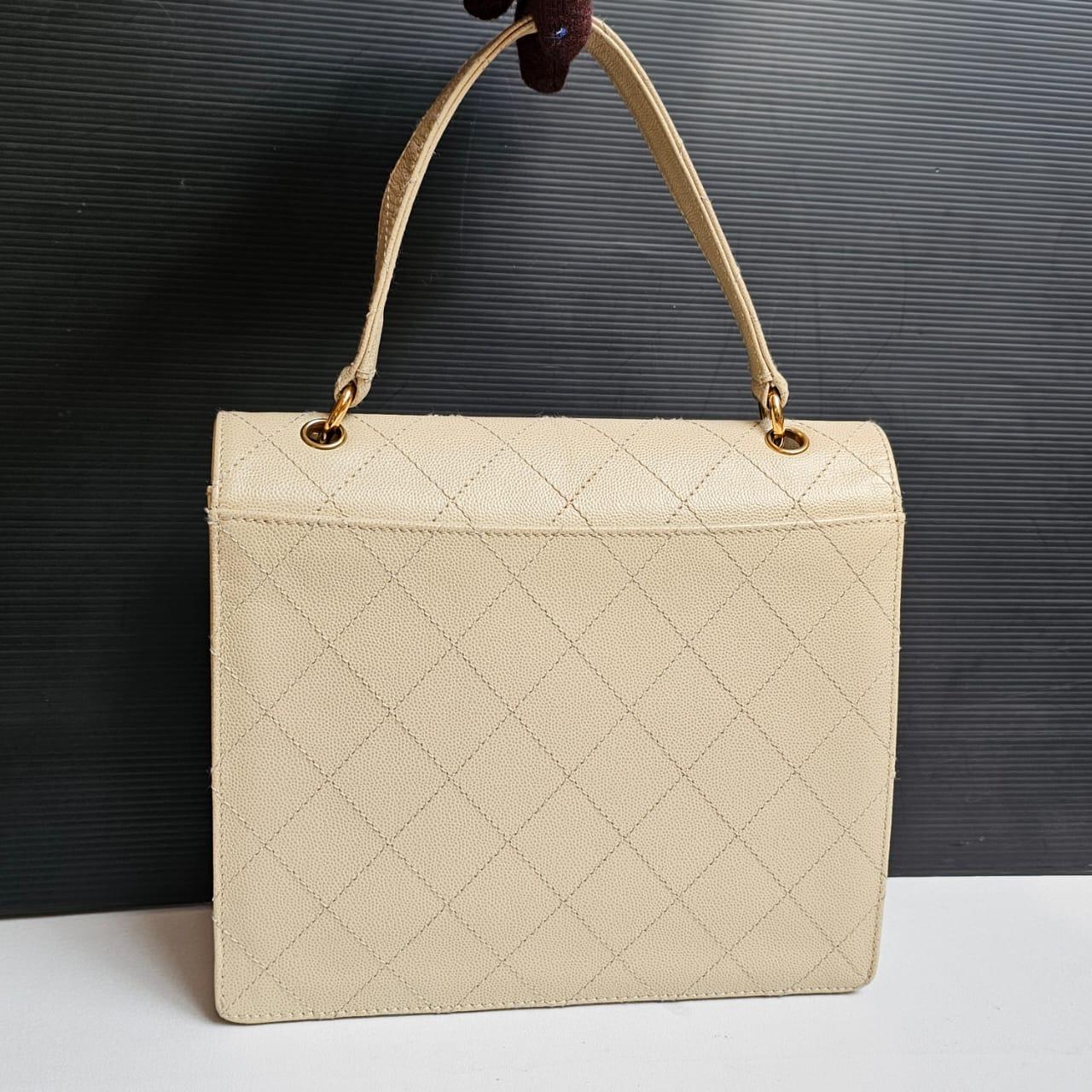 Vintage Chanel Beige Caviar Quilted Top Handle Bag For Sale 15