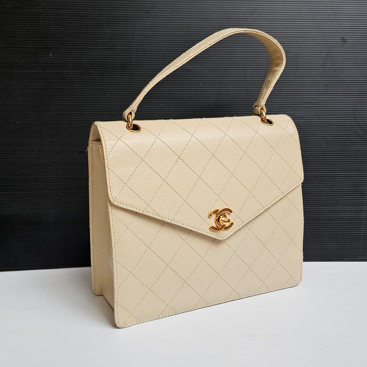 Vintage Chanel Beige Caviar Quilted Top Handle Bag For Sale 4