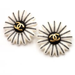 Vintage Chanel Black and Ivory Floral Resin Earrings, Made in France