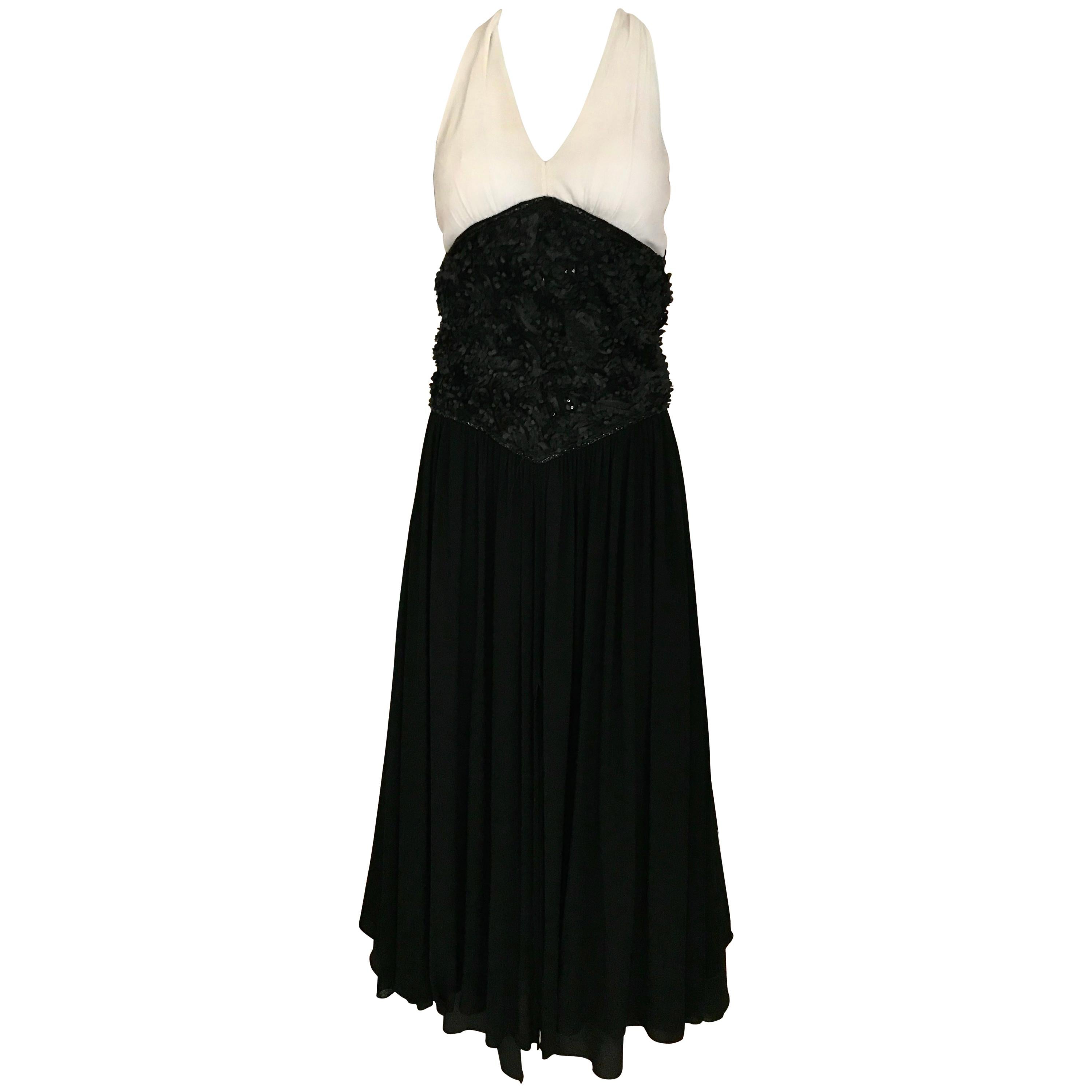 Vintage Chanel Black and White Halter Maxi Dress For Sale