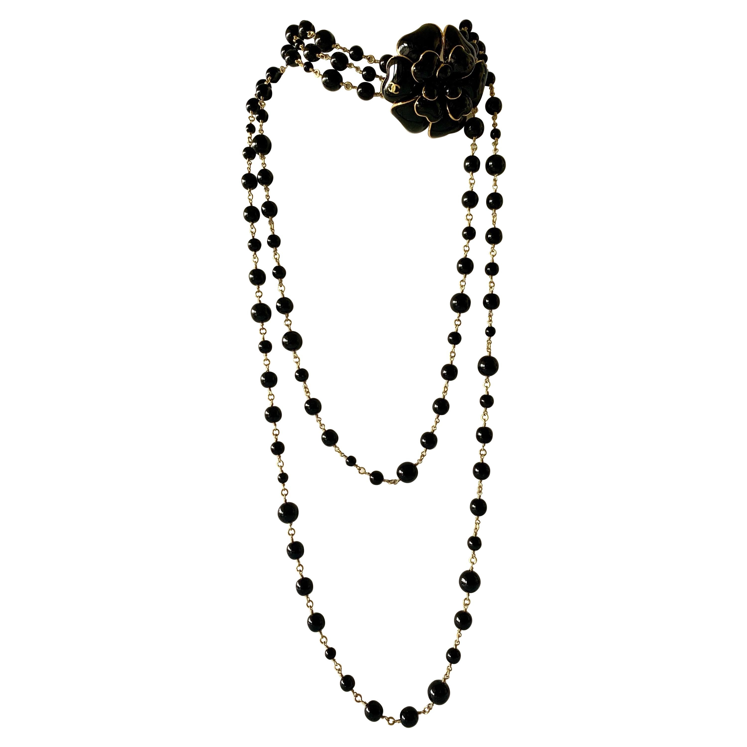 Vintage Chanel Black  Camellia CC Statement Necklace 