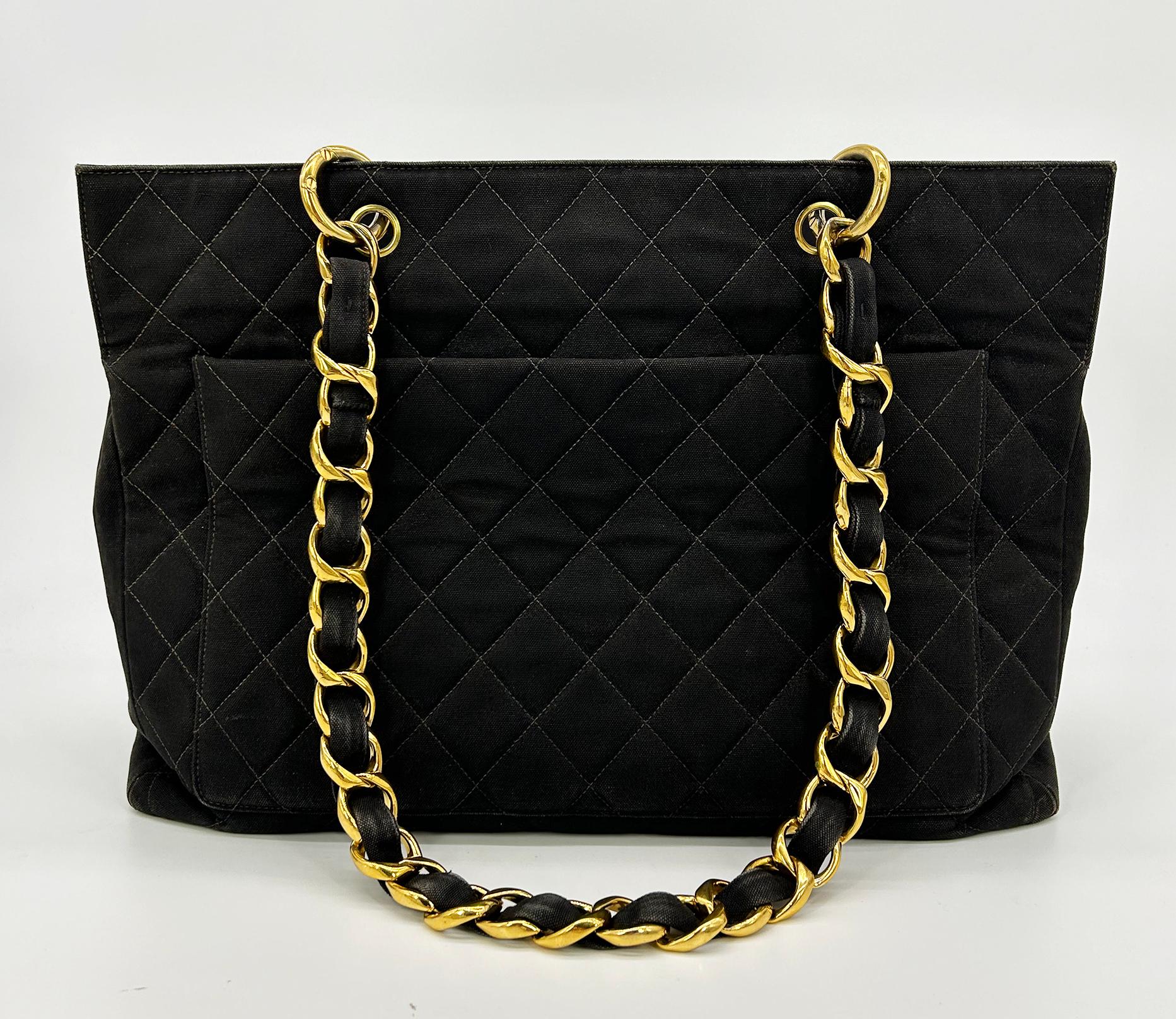 Vintage Chanel Black Canvas Grand Shopper Tote In Fair Condition For Sale In Philadelphia, PA