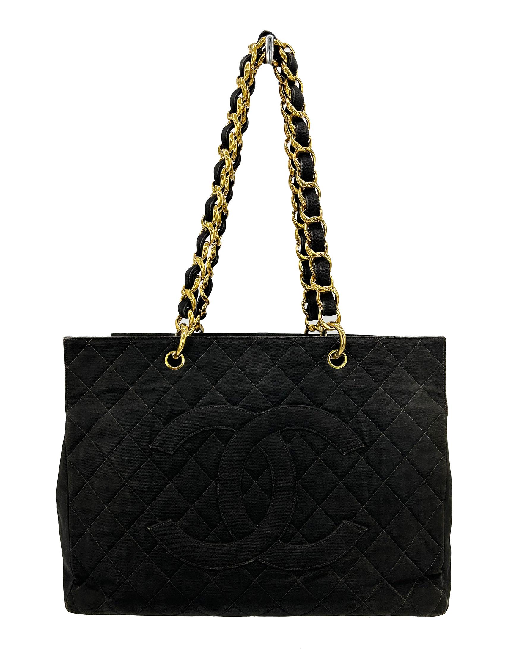 Vintage Chanel Black Canvas Grand Shopper Tote For Sale 2