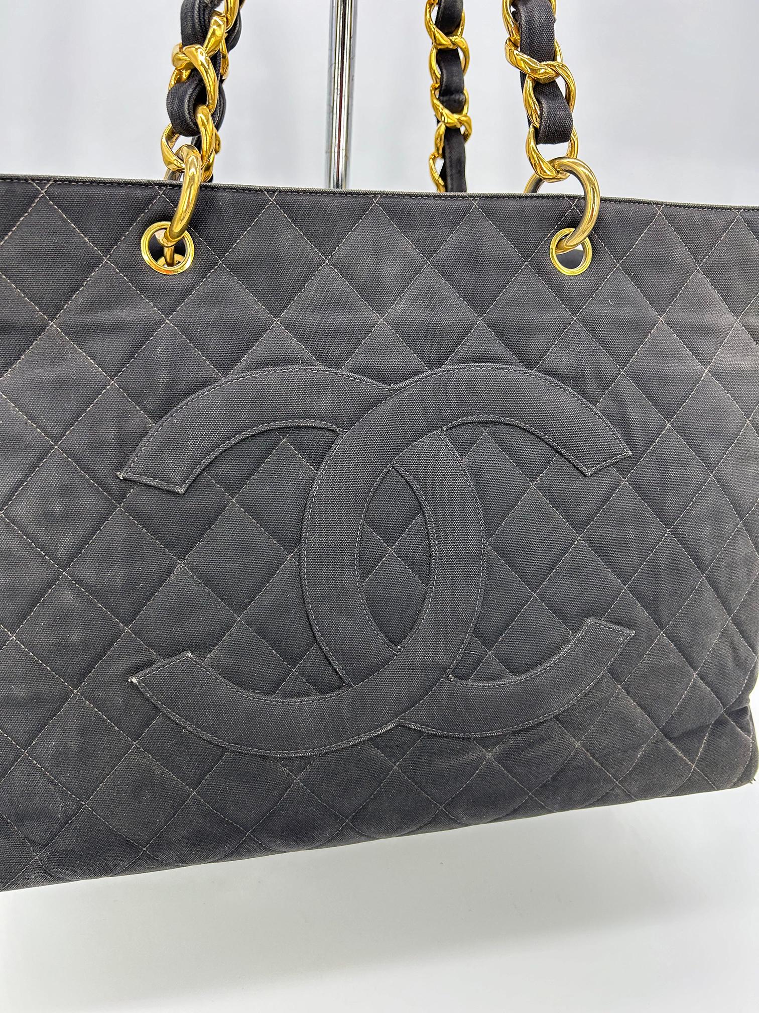 Vintage Chanel Black Canvas Grand Shopper Tote For Sale 3