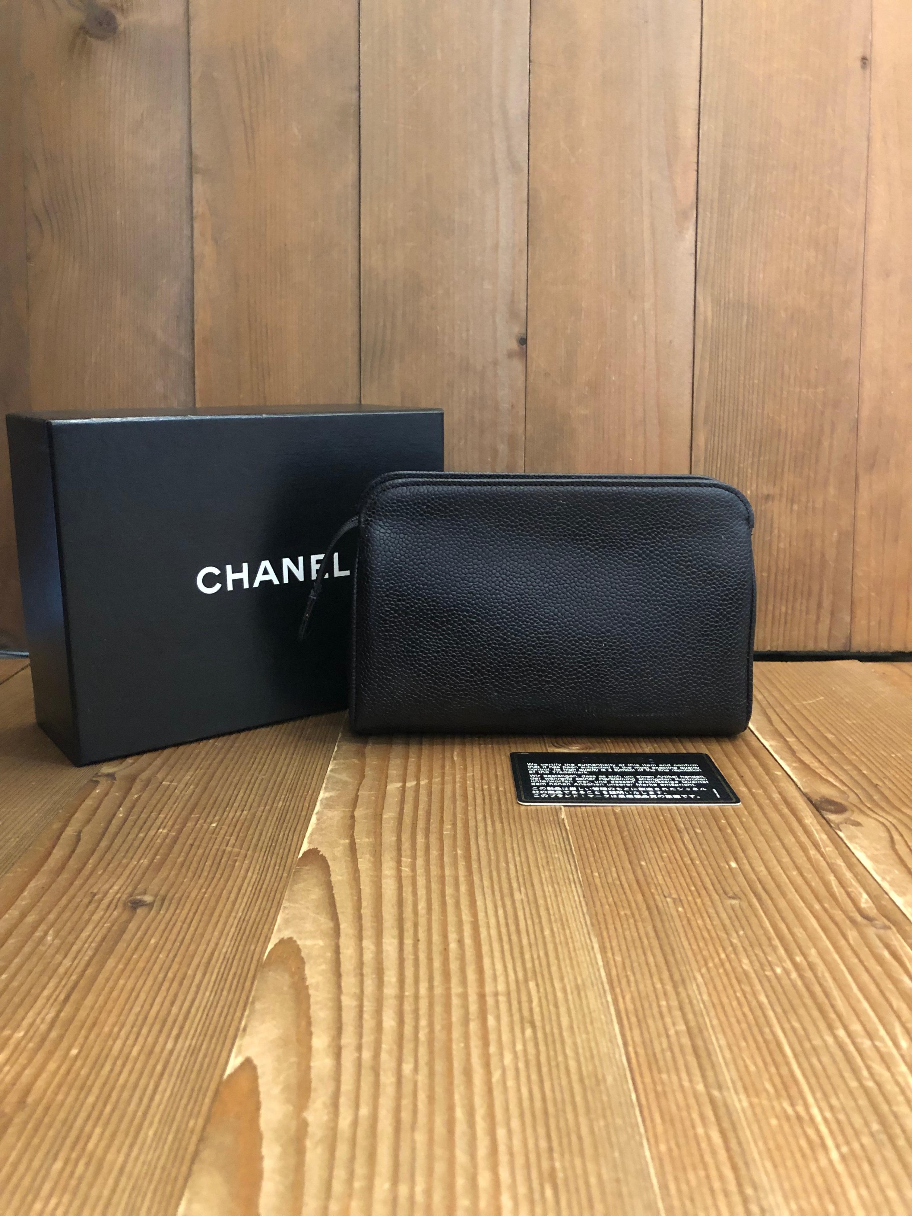 Women's or Men's Vintage CHANEL Black Caviar Leather Pouch Bag Clutch (Altered)
