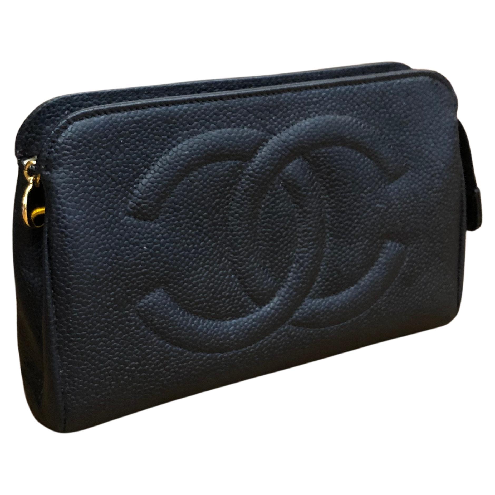 Vintage CHANEL Black Caviar Leather Pouch Bag Clutch (Altered)
