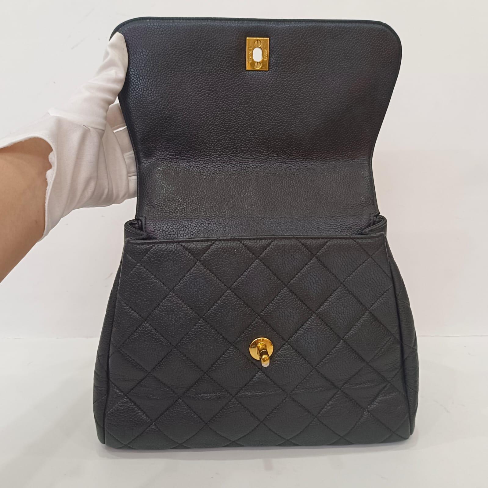 Vintage Chanel Black Caviar Quilted Top Handle Flap Bag For Sale 3