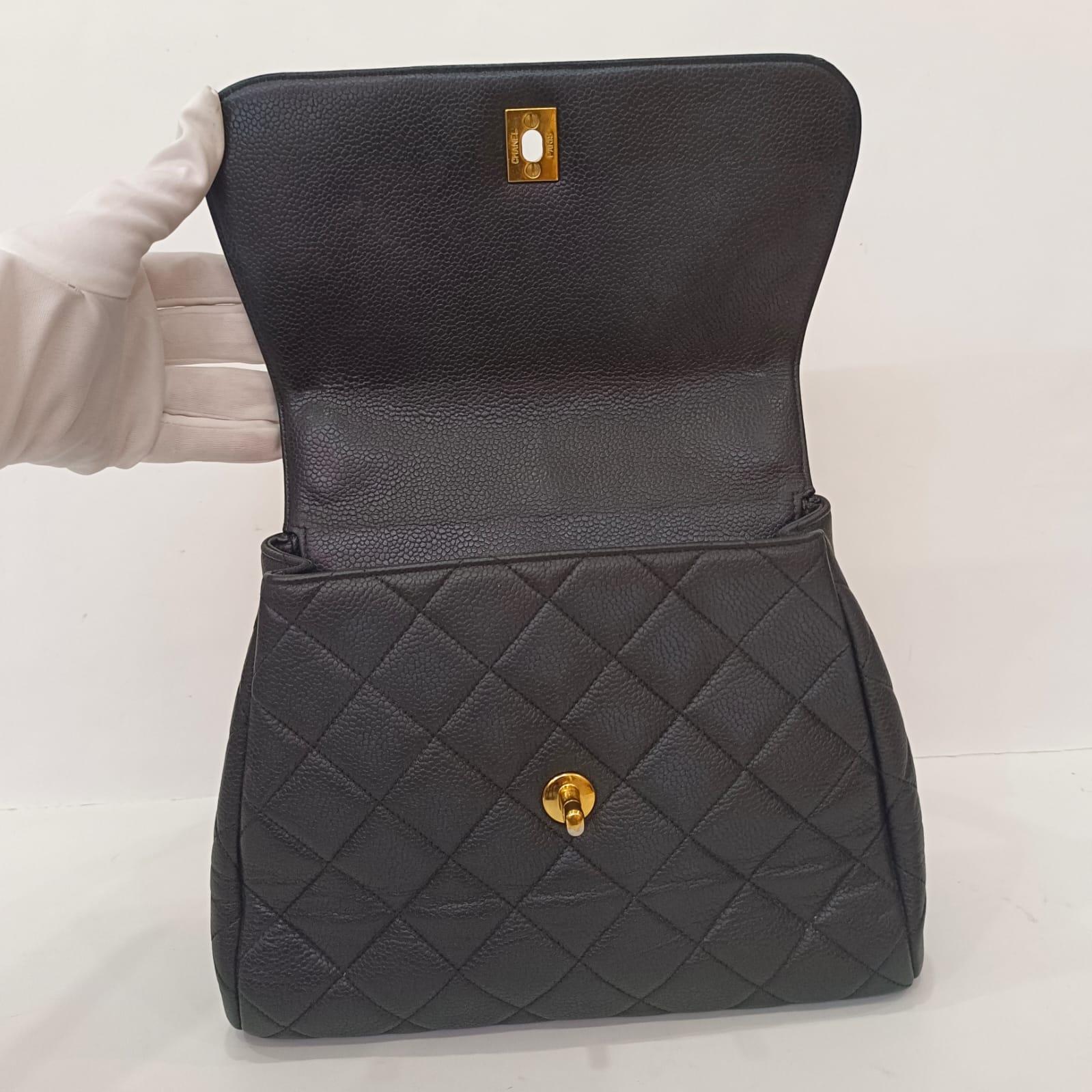 Vintage Chanel Black Caviar Quilted Top Handle Flap Bag For Sale 4