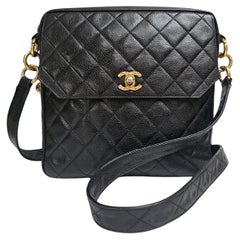 Vintage Chanel Black Caviar Quilted Zip Crossbody Bag