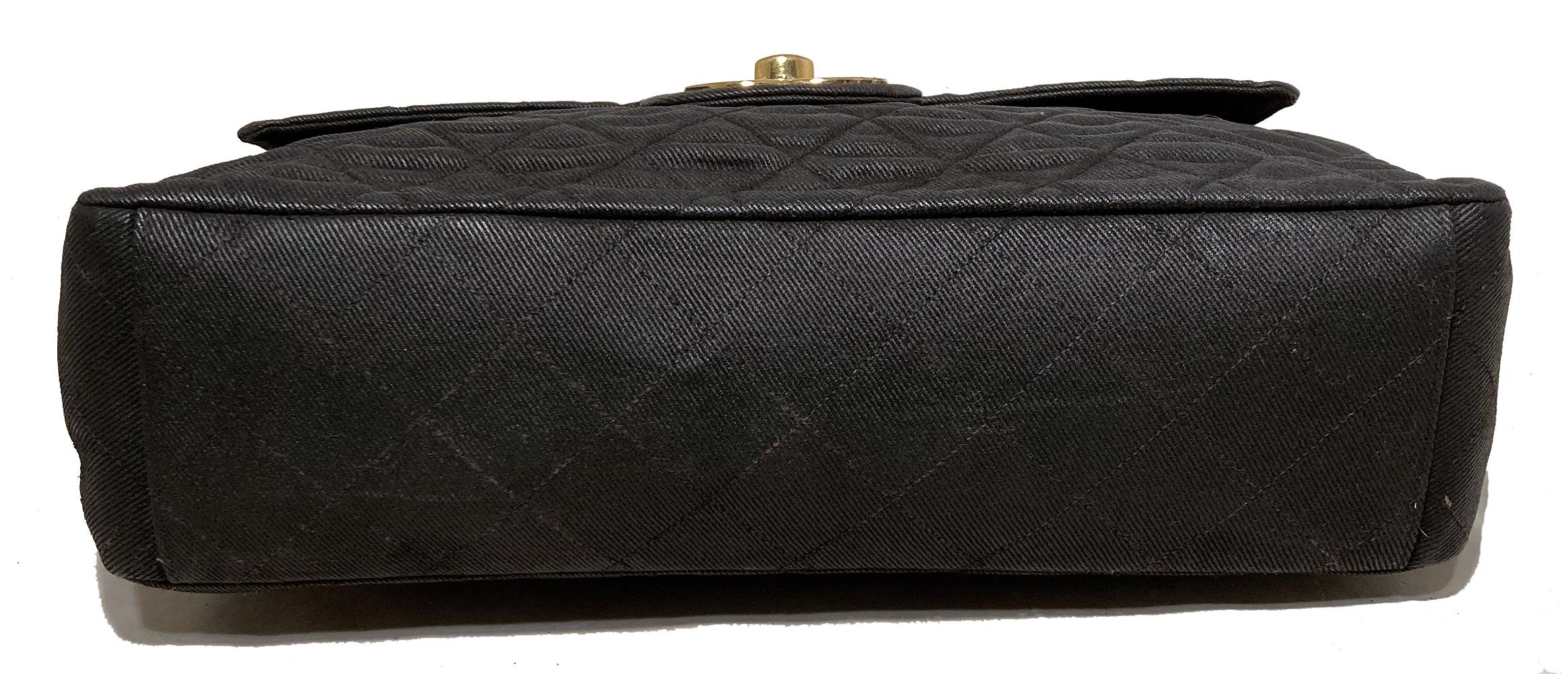 Vintage Chanel Black Denim Maxi Classic Flap Shoulder Bag In Excellent Condition In Philadelphia, PA