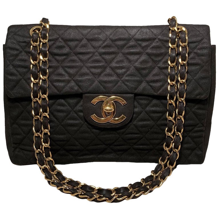 Chanel Classic Flap Vintage Fringe Quilted Jumbo Maxi Jean Blue Denim Bag