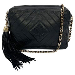 Vintage Chanel Black Diamond Quilted Tassel Camera Bag
