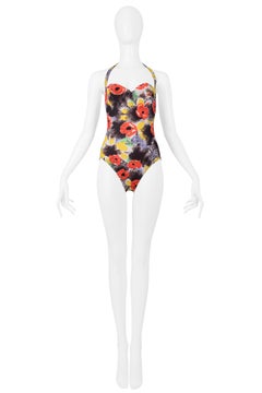 Vintage Chanel Black Floral One Piece Halter Swimsuit
