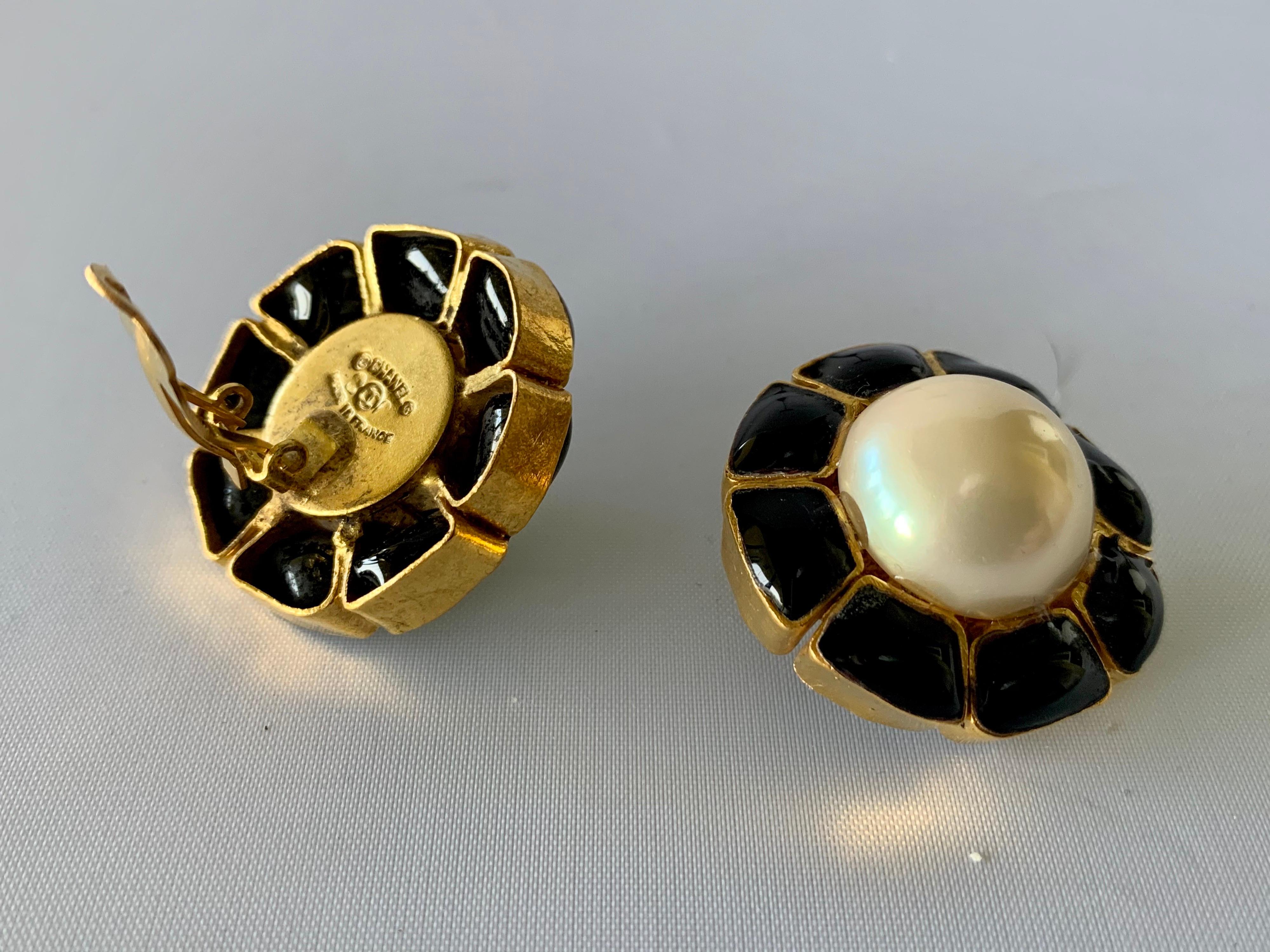 Artisan Vintage Chanel Black Flower and Pearl Earrings