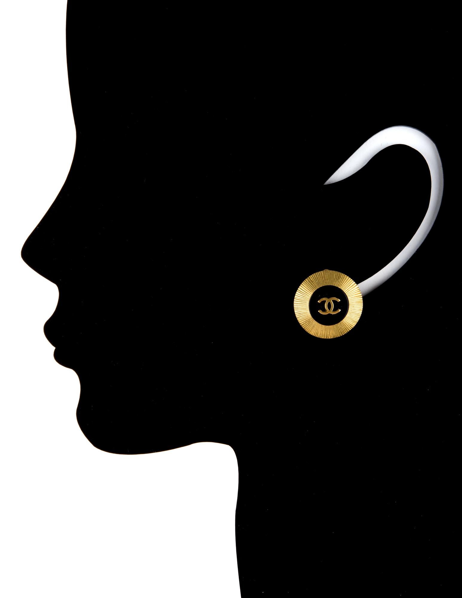 Modern Vintage Chanel Black & Gold CC Logo Earrings Round Clip On Circa 1995