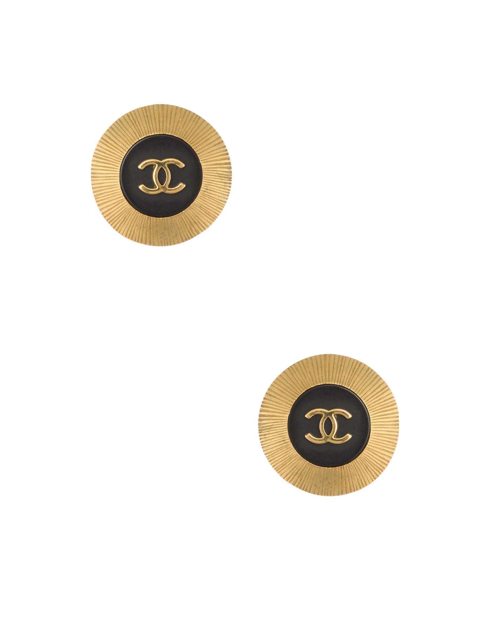 Round Cut Vintage Chanel Black & Gold CC Logo Earrings Round Clip On Circa 1995