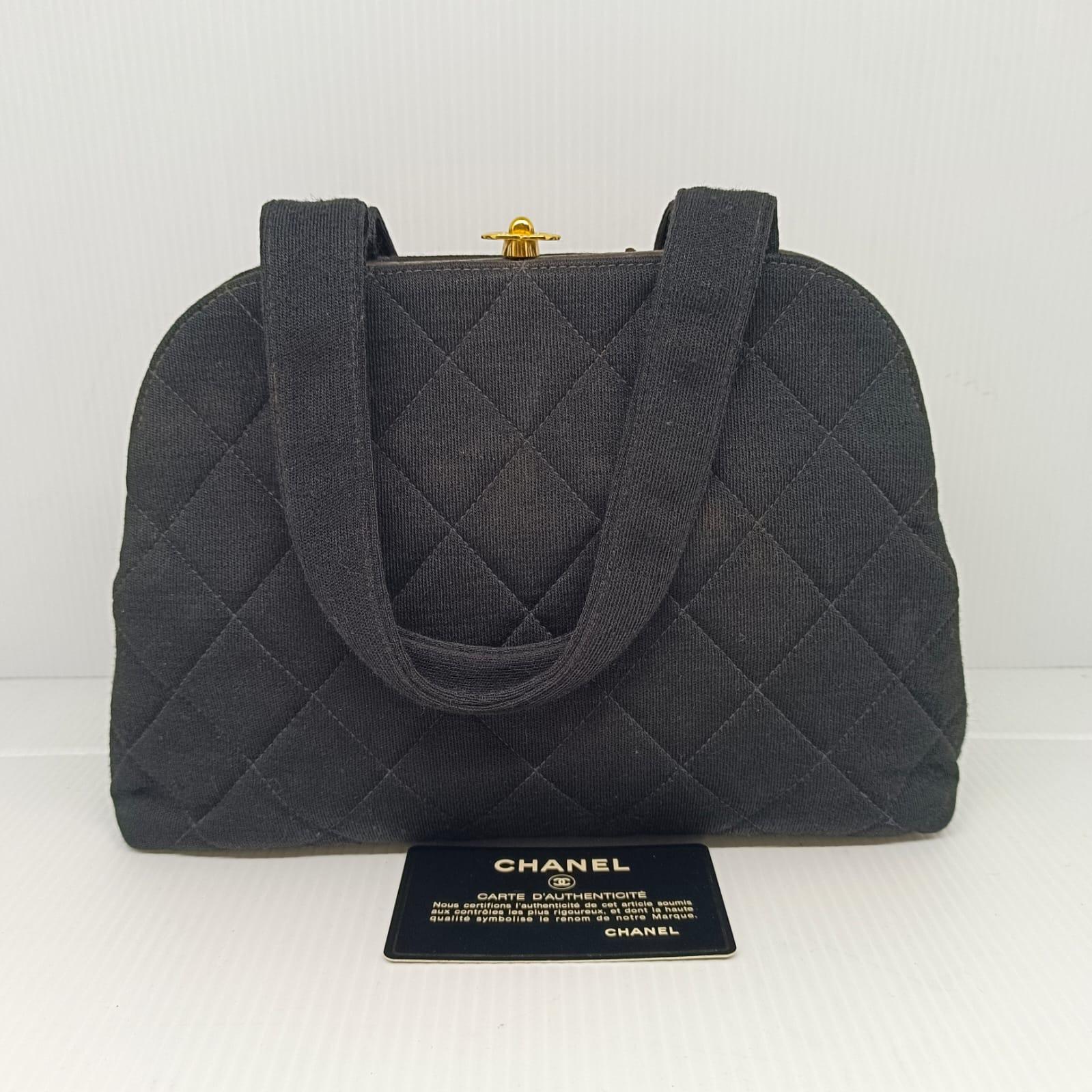 Vintage Chanel Black Jersey Quilted Kisslock Purse 5