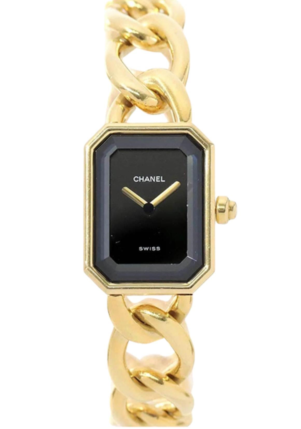 Vintage Chanel Black Lacquered Dial 18k Yellow Gold Chain Bracelet Watch In Good Condition For Sale In Miami, FL