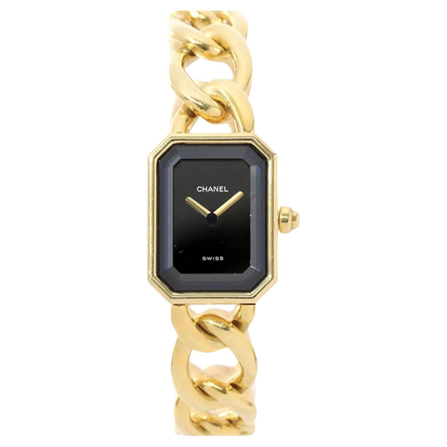 Vintage Chanel Black Lacquered Dial 18k Yellow Gold Chain Bracelet Watch en vente