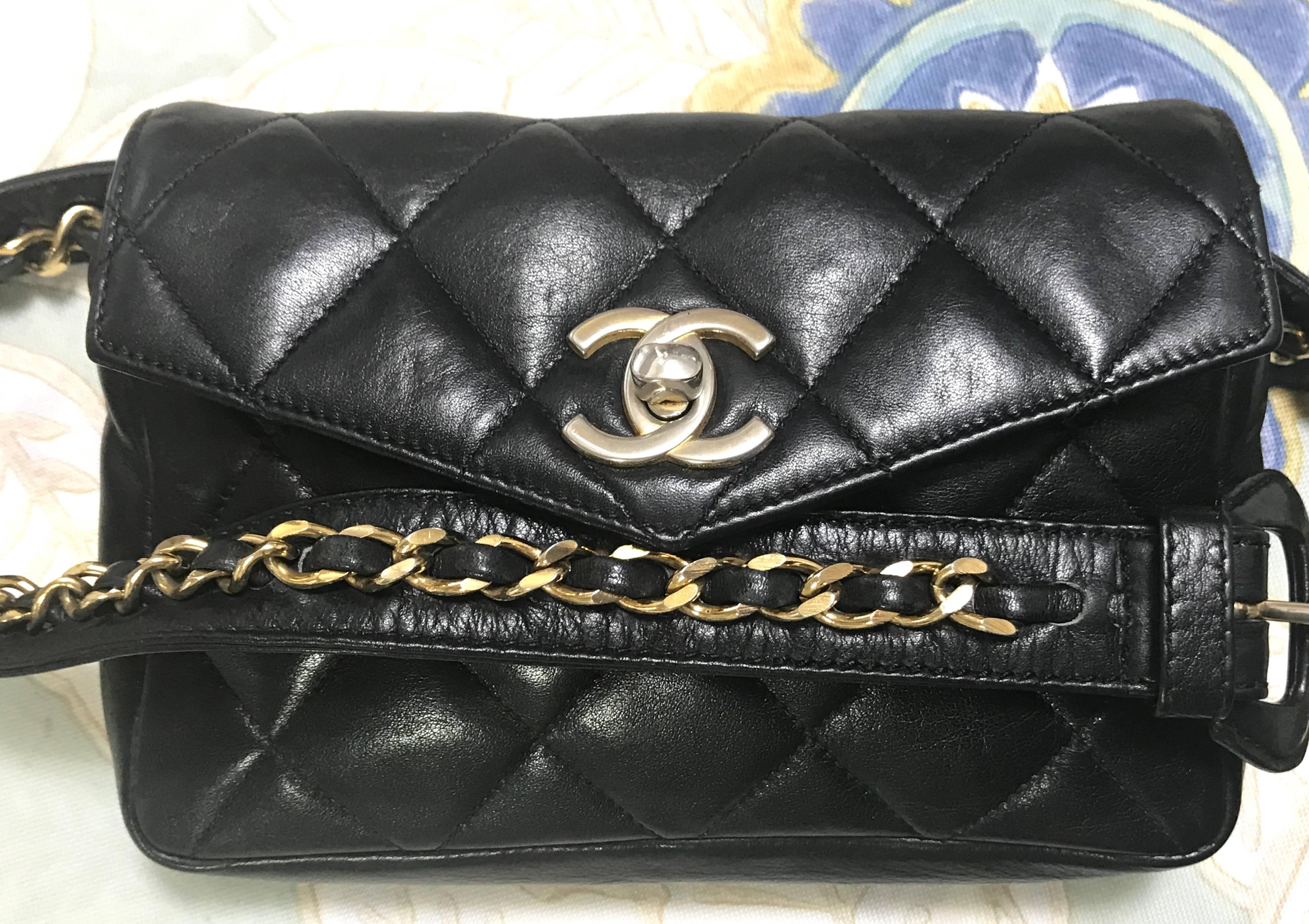 Chanel Vintage black lamb waist bag fanny pack with golden chain belt and CC  4