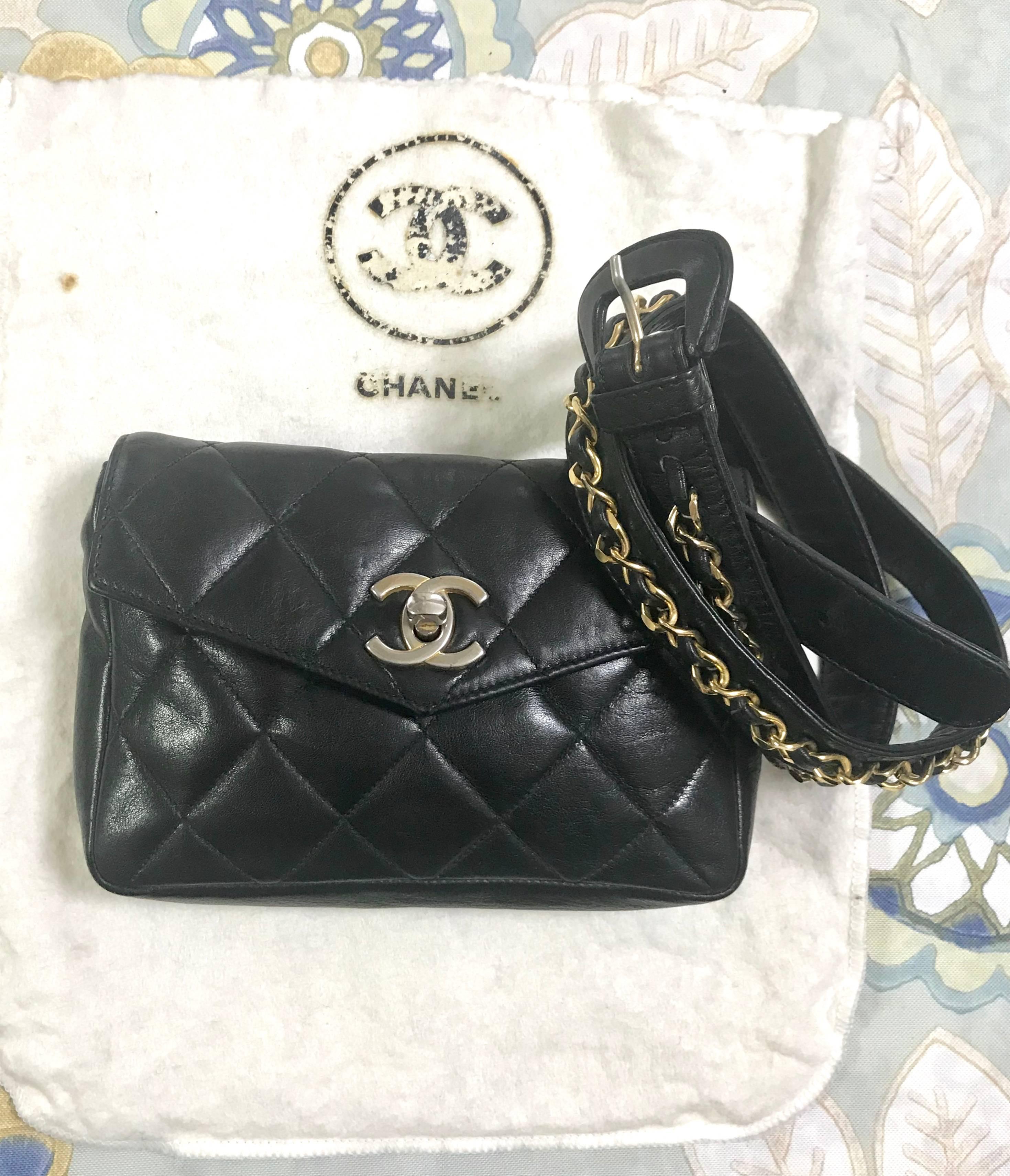 Chanel Vintage black lamb waist bag fanny pack with golden chain belt and CC  5
