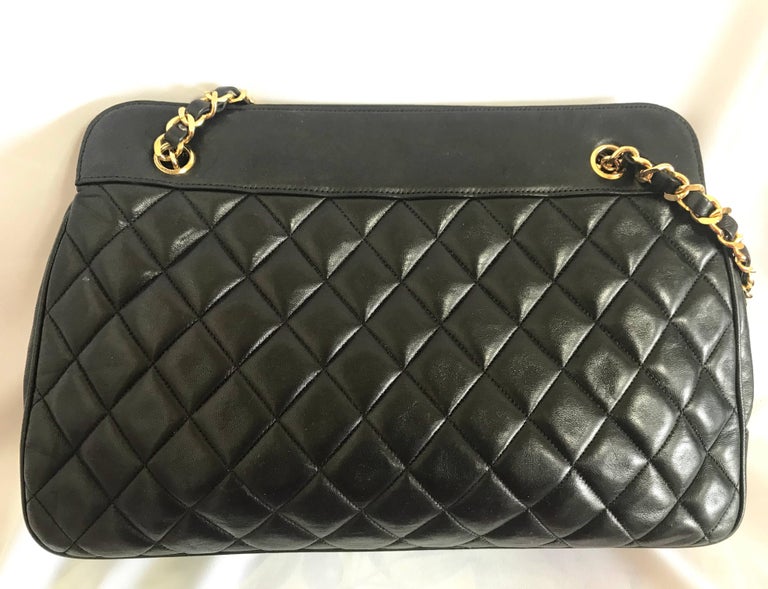 Vintage CHANEL black lambskin large tote bag with gold tone chains