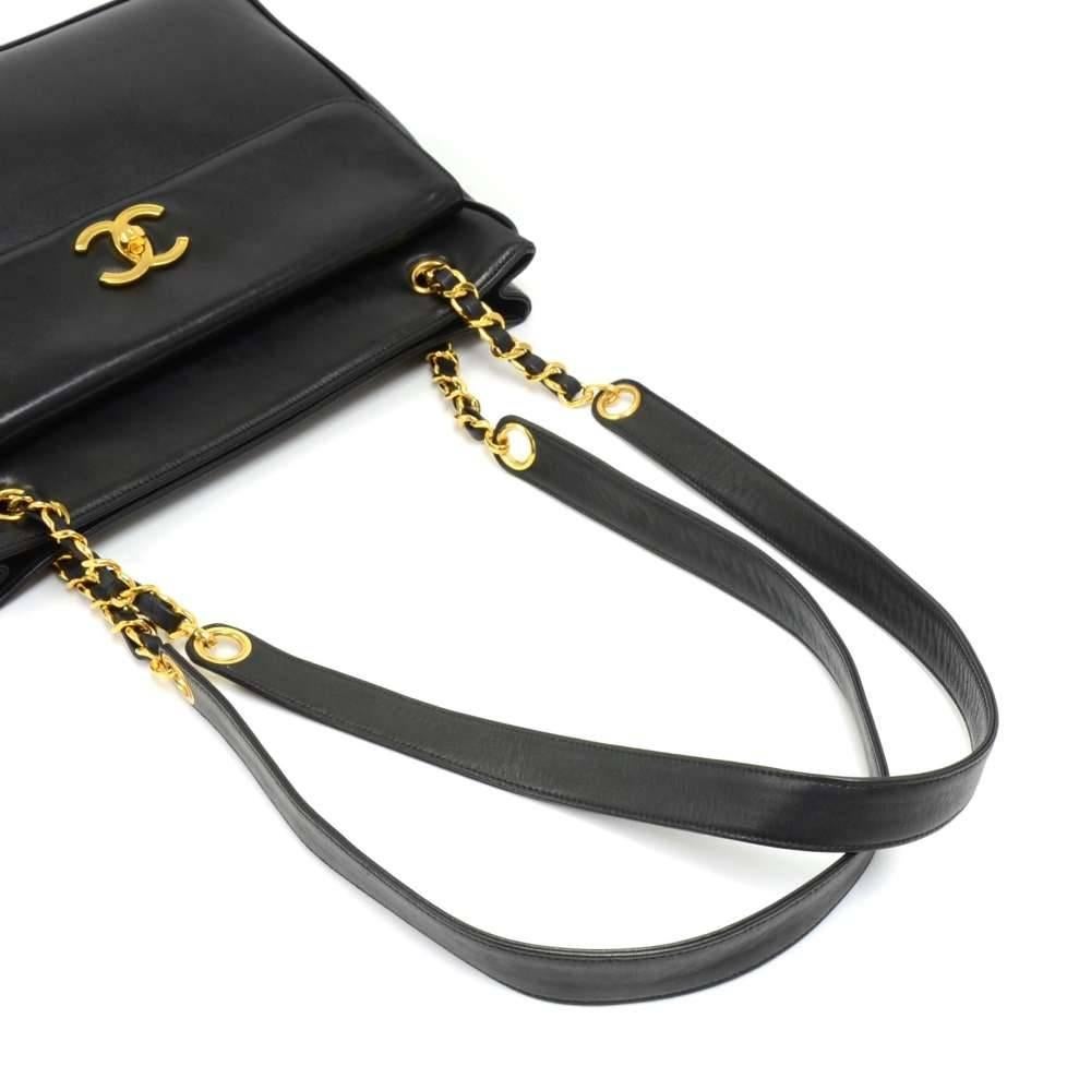 Vintage Chanel Black Lambskin Leather Medium Shoulder Tote Bag  2