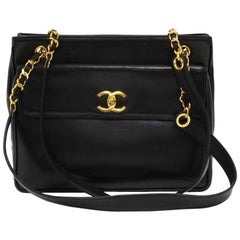 Vintage Chanel Black Lambskin Leather Medium Shoulder Tote Bag