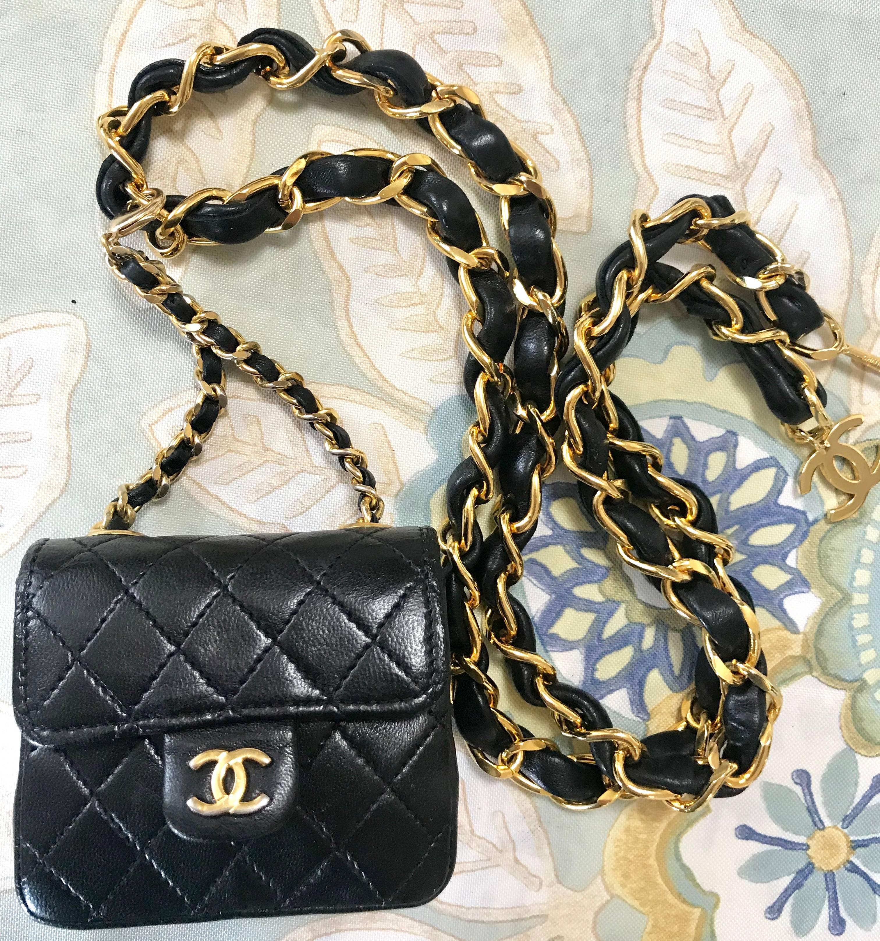 Chanel Vintage black lambskin mini 2.55 bag charm chain leather belt with CC 10