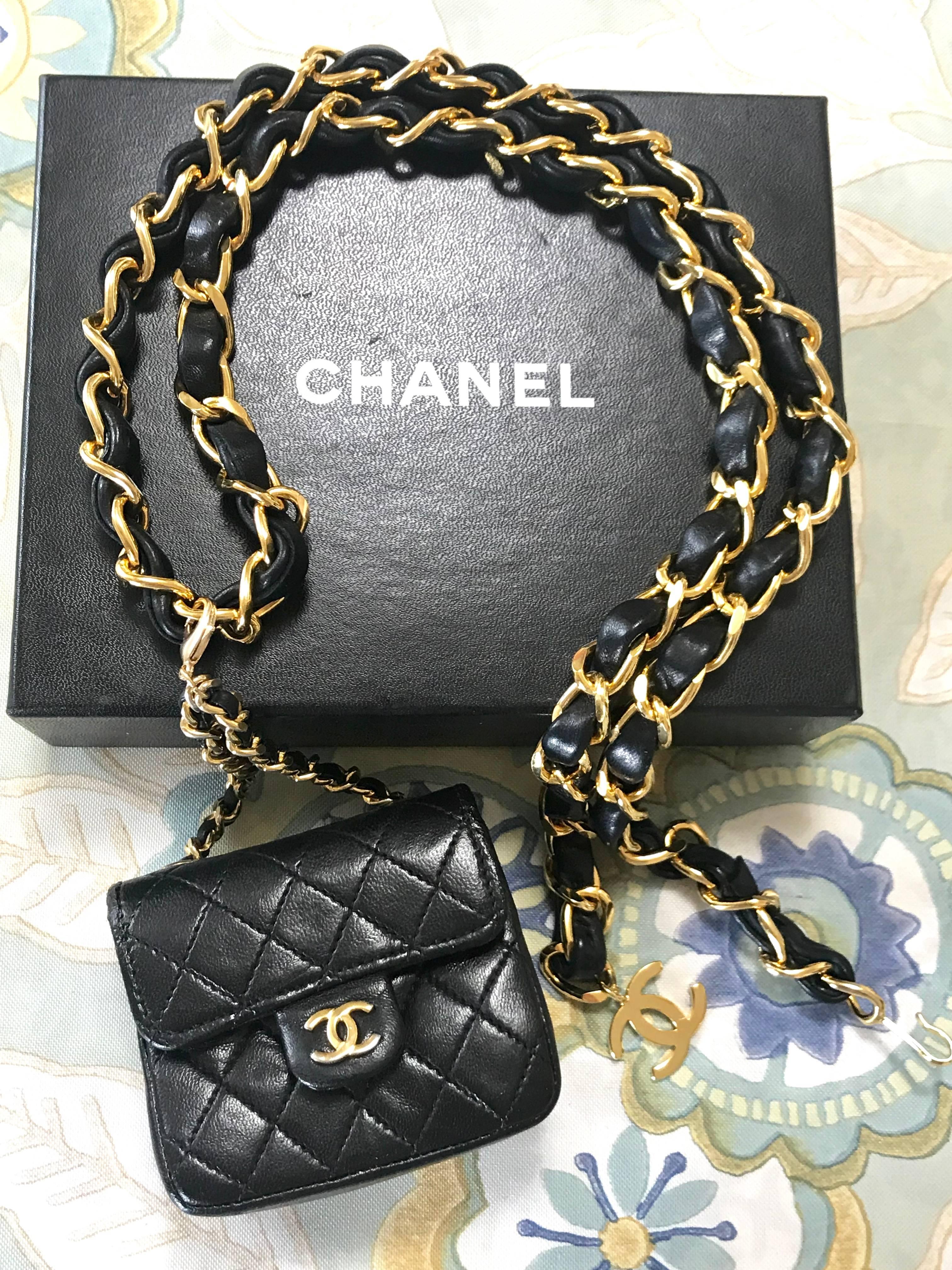 Chanel Vintage black lambskin mini 2.55 bag charm chain leather belt with CC 15
