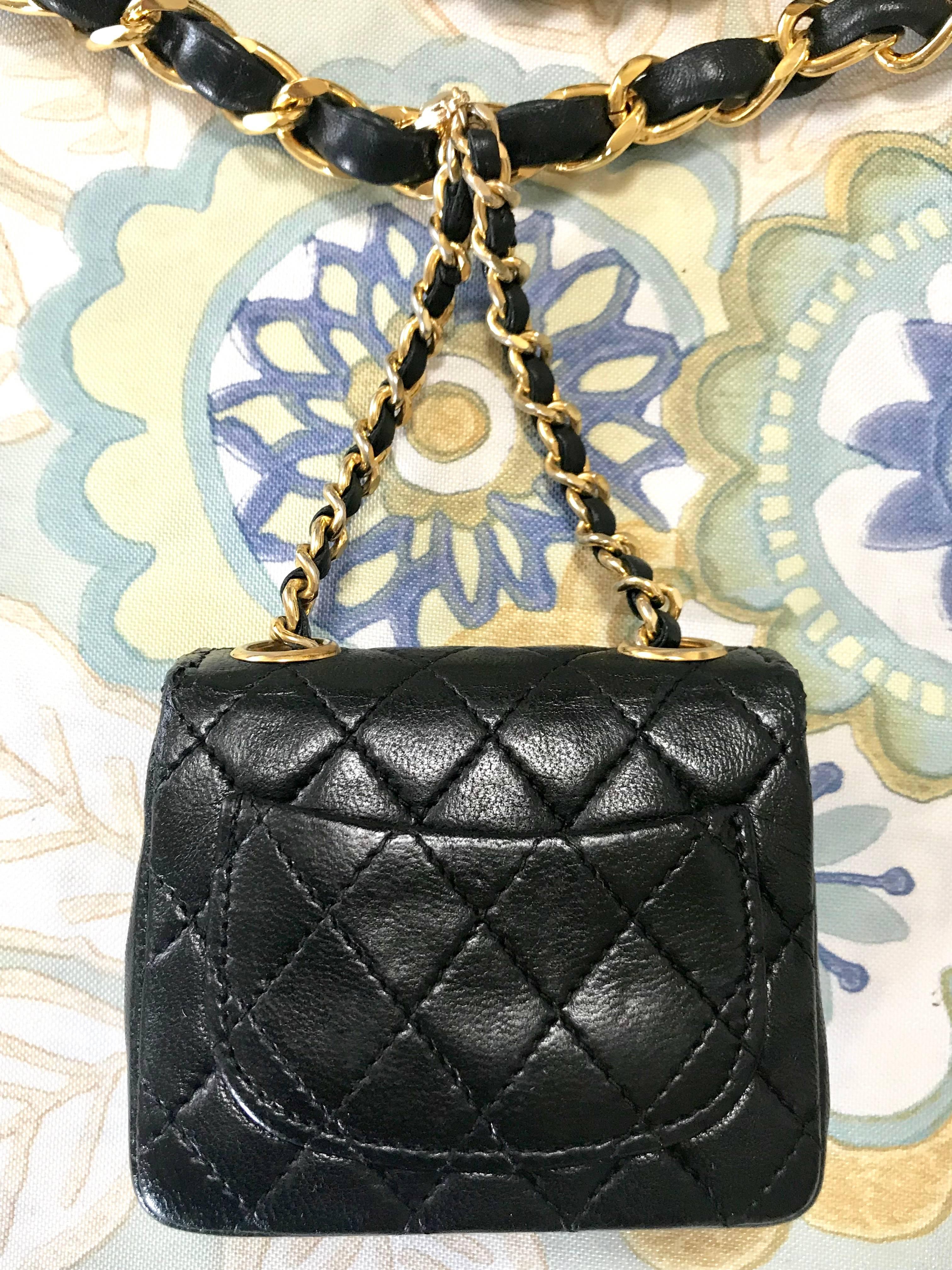 Chanel Vintage black lambskin mini 2.55 bag charm chain leather belt with CC In Good Condition In Kashiwa, Chiba
