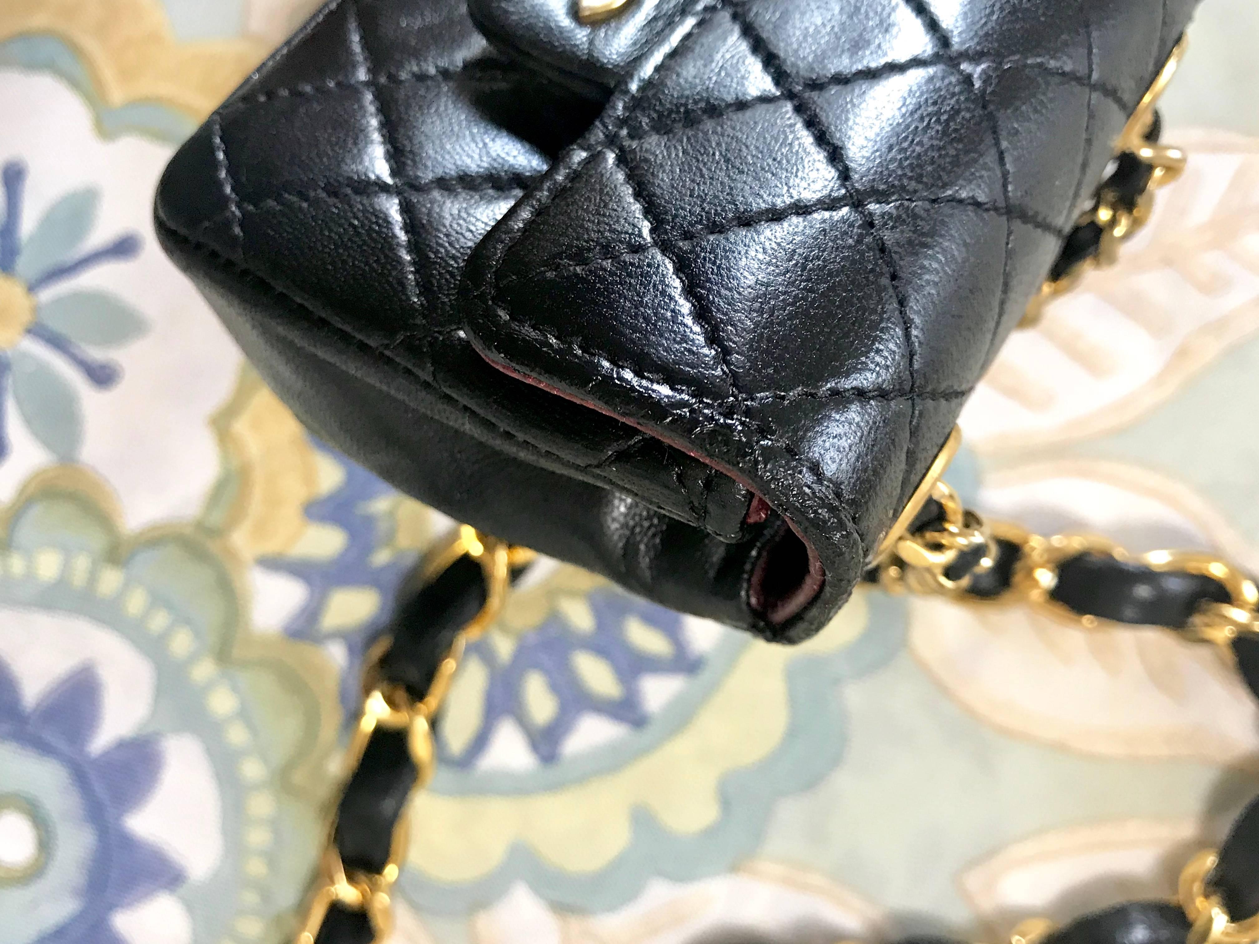 Chanel Vintage black lambskin mini 2.55 bag charm chain leather belt with CC 2