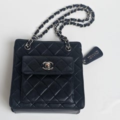 Vintage Chanel Black Lambskin Quilted Front Pocket Mini Chain Tote