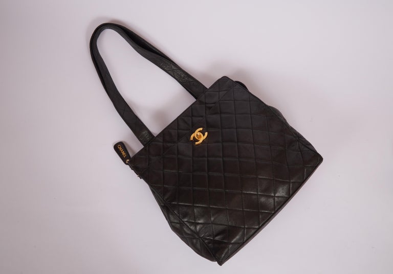 Vintage Chanel Black Lambskin Quilted Leather Tote Bag Gold CC