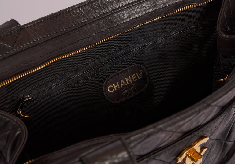Vintage Chanel Black Lambskin Quilted Leather Tote Bag Gold CC Logo at ...