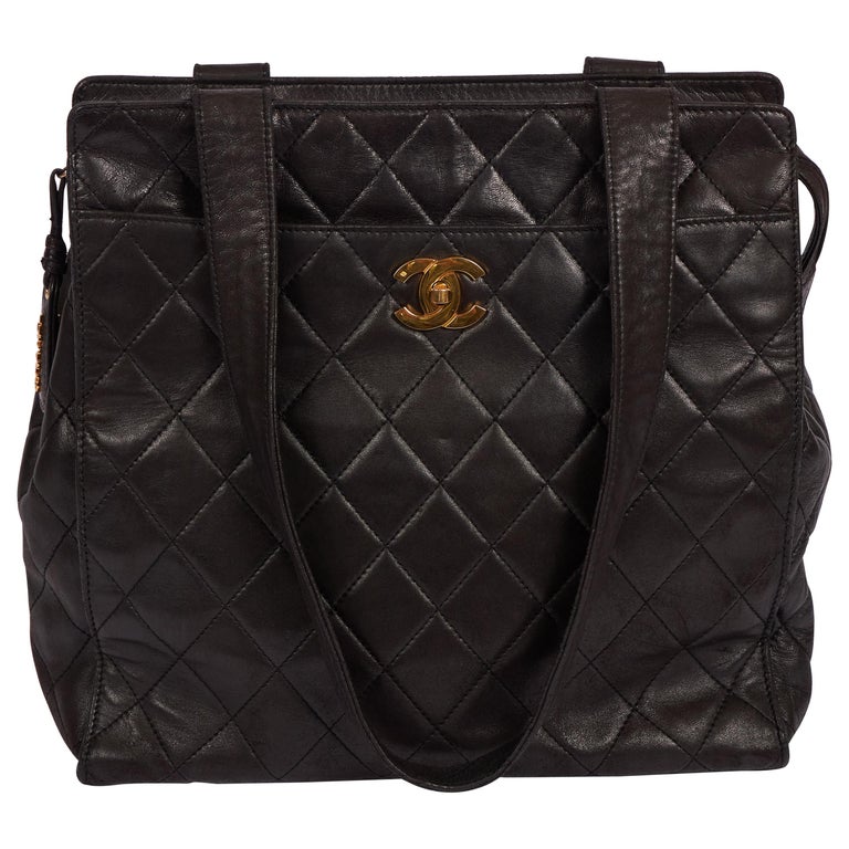 Vintage Chanel Black Lambskin Quilted Leather Tote Bag Gold CC Logo at
