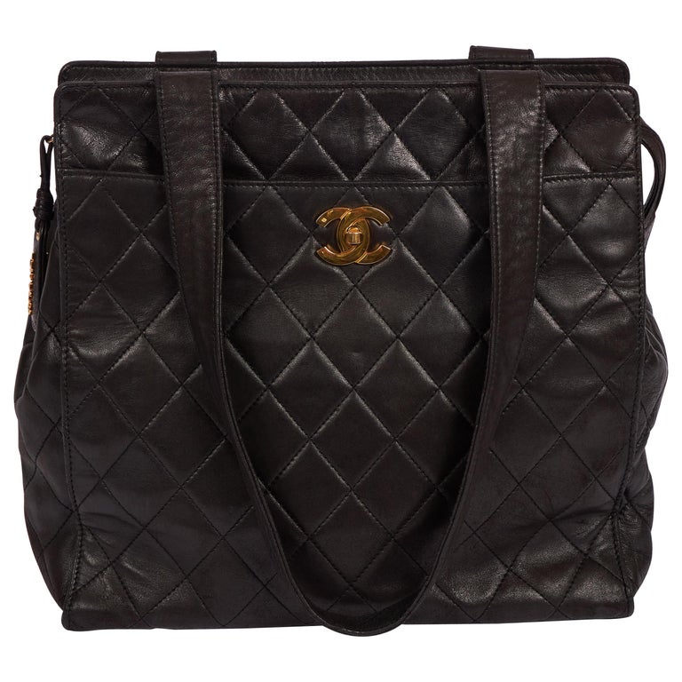 Vintage Chanel Black Lambskin Quilted Leather Tote Bag Gold CC Logo at  1stDibs