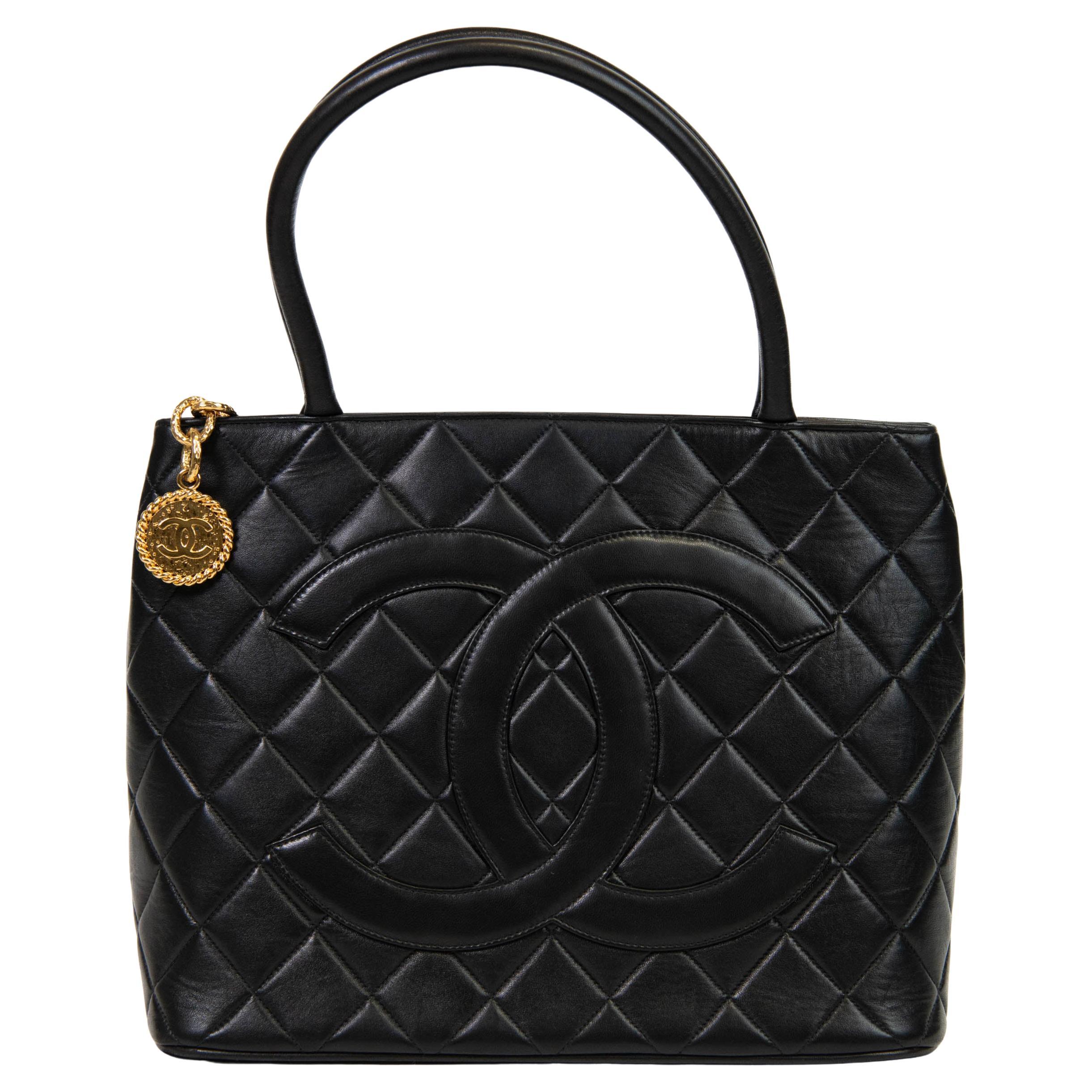Vintage Chanel Black Lambskin Quilted Medallion Tote
