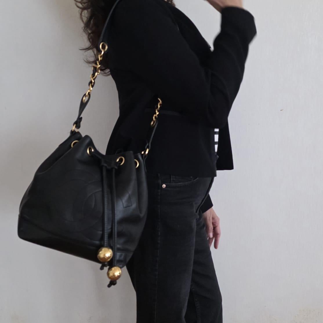 Vintage Chanel Black Lambskin Timeless CC Drawstring Hobo Shoulder Bag 16