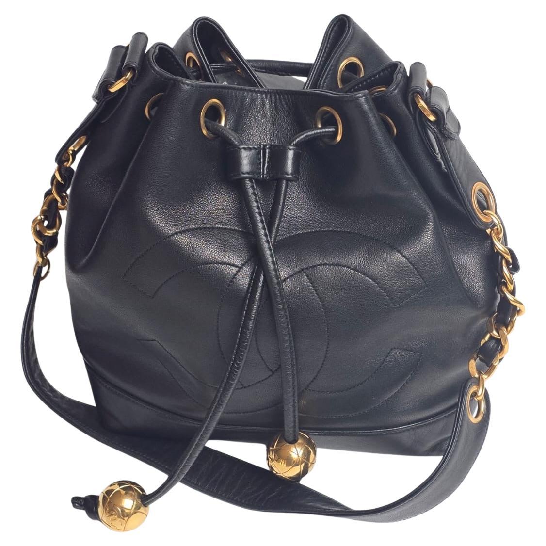 Vintage Chanel Black Lambskin Timeless CC Drawstring Hobo Shoulder Bag