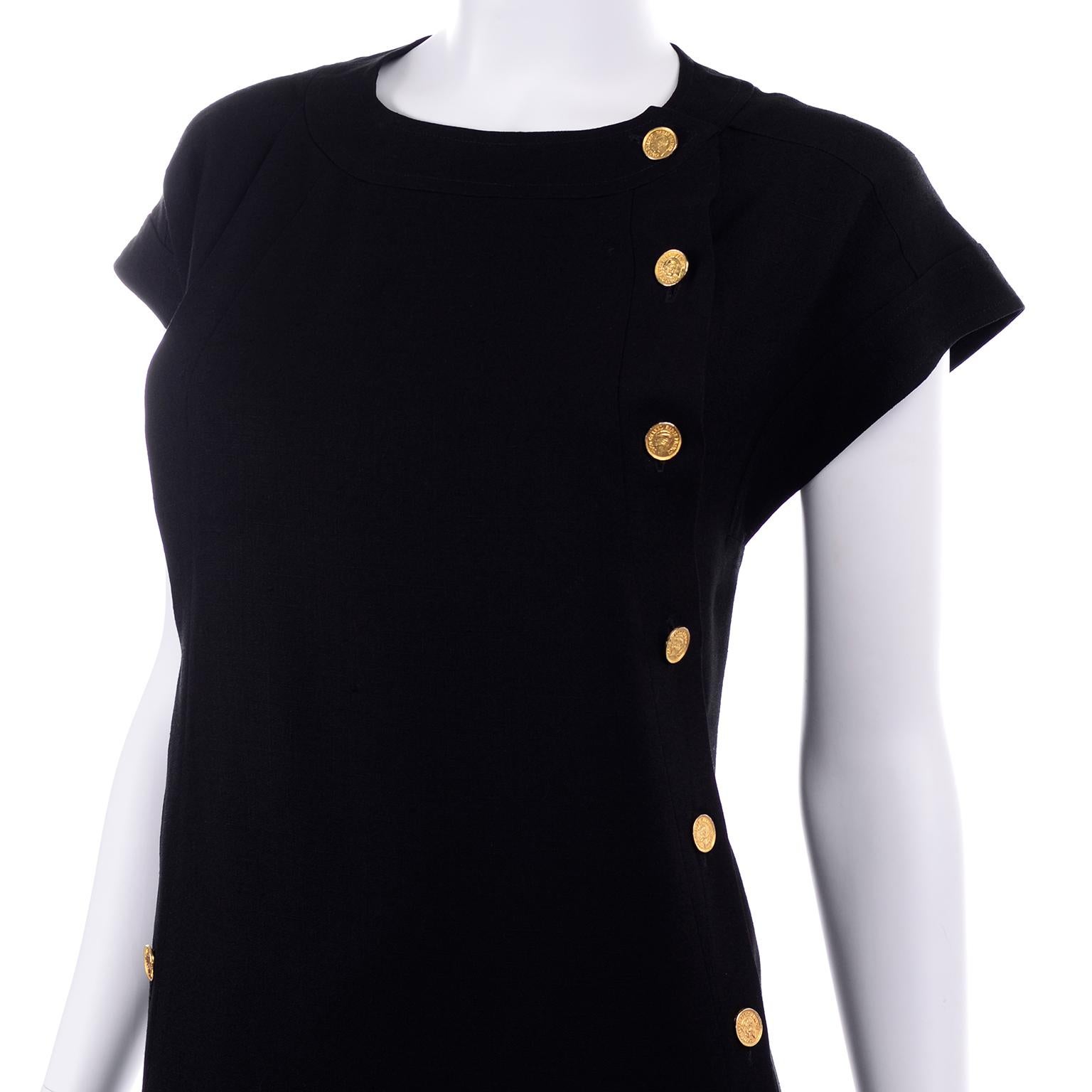 Vintage Chanel Black Linen Dress With Silk Lining & Coco Chanel Gold Buttons 3